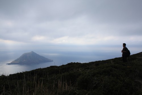 向こうに見えるのは八丈小島